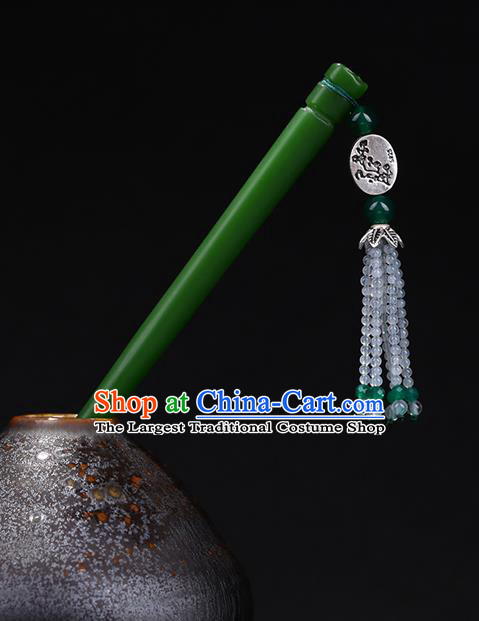 China National Beads Tassel Hairpin Handmade Hair Jewelry Accessories Traditional Cheongsam Green Jade Hair Clip