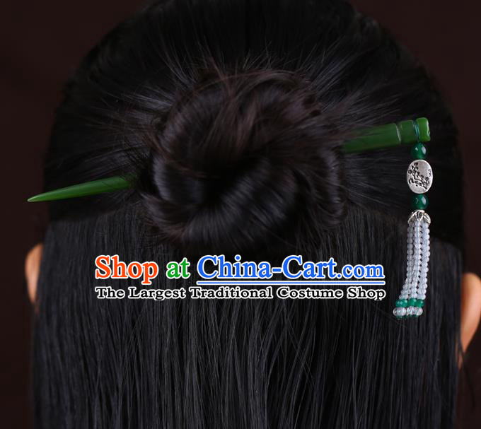 China National Beads Tassel Hairpin Handmade Hair Jewelry Accessories Traditional Cheongsam Green Jade Hair Clip
