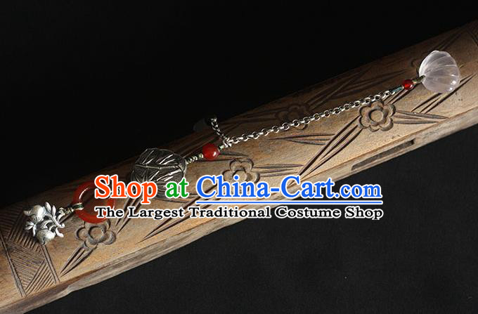Chinese Handmade National Silver Carving Bamboo Breastpin Pendant Cheongsam Jewelry Accessories Classical Jade Magnolia Tassel Brooch