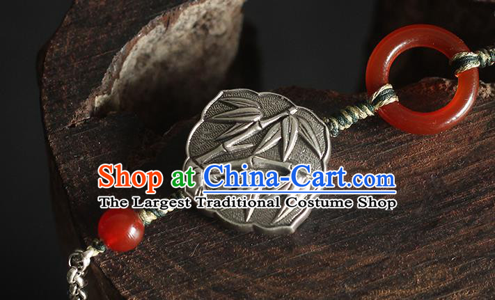 Chinese Handmade National Silver Carving Bamboo Breastpin Pendant Cheongsam Jewelry Accessories Classical Jade Magnolia Tassel Brooch