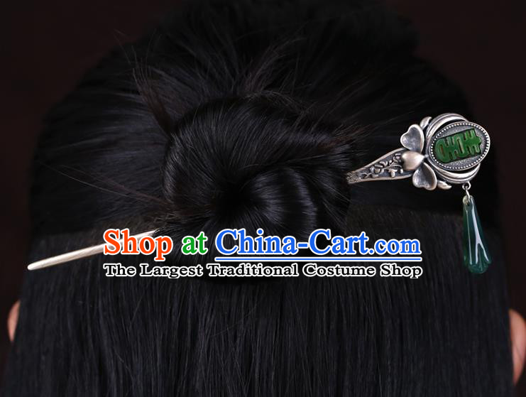 China National Wedding Silver Hairpin Handmade Hair Jewelry Accessories Traditional Cheongsam Green Jade Hair Clip