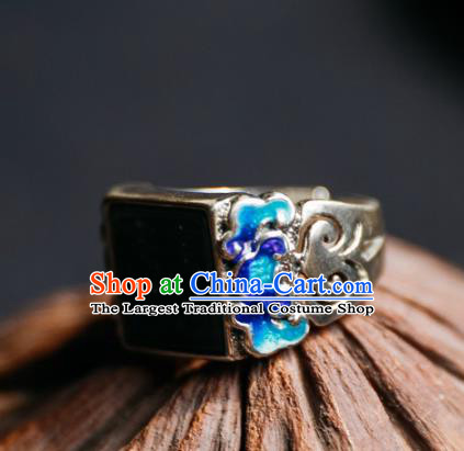 China Traditional Blueing Cloud Silver Circlet National Wedding Jade Ring Handmade Jewelry Accessories
