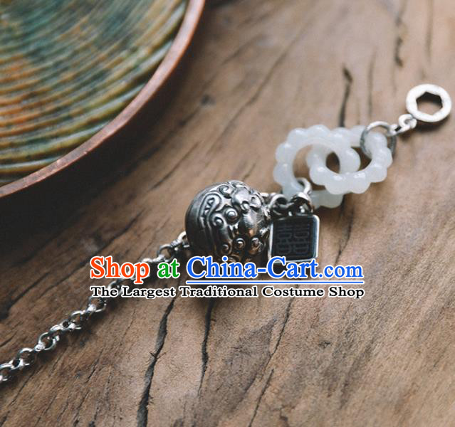 China Traditional White Jade Rings Bracelet Accessories Classical Bangle Silver Bell Wristlet Jewelry