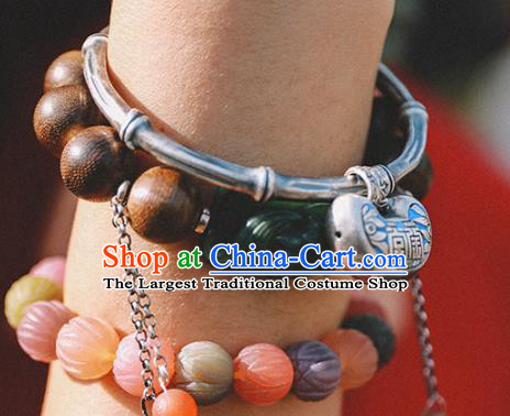 China Traditional Silver Bamboo Bracelet Accessories Classical Bangle Blueing Longevity Lock Wristlet Jewelry