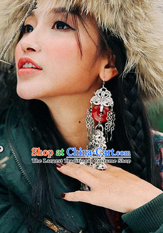 Handmade Chinese Traditional Agate Eardrop Classical Earrings Accessories Ethnic Silver Fish Tassel Ear Jewelry