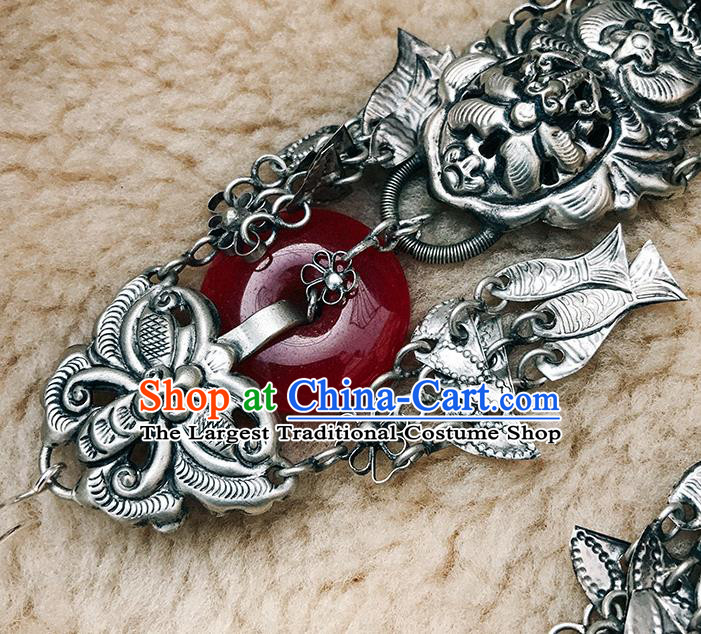 Handmade Chinese Traditional Agate Eardrop Classical Earrings Accessories Ethnic Silver Fish Tassel Ear Jewelry