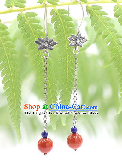 Handmade Chinese Traditional Agate Tassel Eardrop Classical Earrings Accessories Ethnic Silver Lotus Ear Jewelry