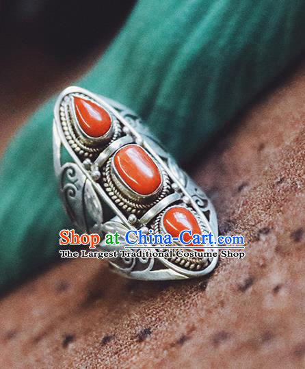 China Traditional Handmade Gems Jewelry Accessories Silver Circlet National Corallite Ring