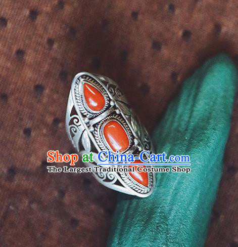 China Traditional Handmade Gems Jewelry Accessories Silver Circlet National Corallite Ring