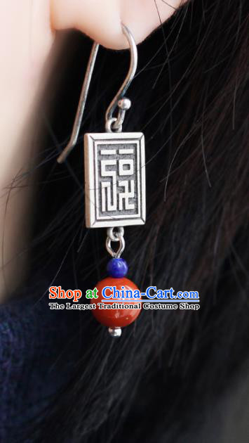 Handmade Chinese Ethnic Agate Ear Jewelry Classical Earrings Accessories Traditional Silver Eardrop