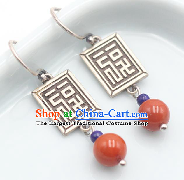 Handmade Chinese Ethnic Agate Ear Jewelry Classical Earrings Accessories Traditional Silver Eardrop