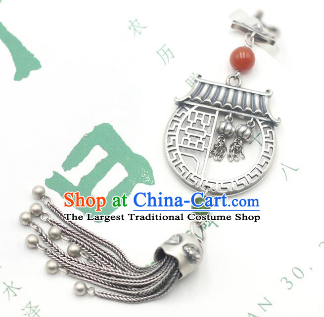 Chinese Cheongsam Jewelry Accessories Handmade National Tassel Breastpin Pendant Classical Silver Carving Dragon Gate Brooch