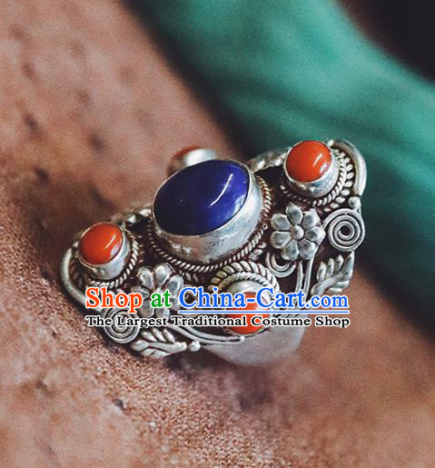China Traditional Silver Circlet National Corallite Ring Handmade Lapis Jewelry Accessories