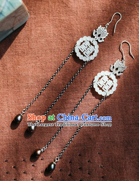 Handmade Chinese Traditional Silver Fishes Eardrop Classical Cheongsam Earrings Accessories White Jade Ear Jewelry
