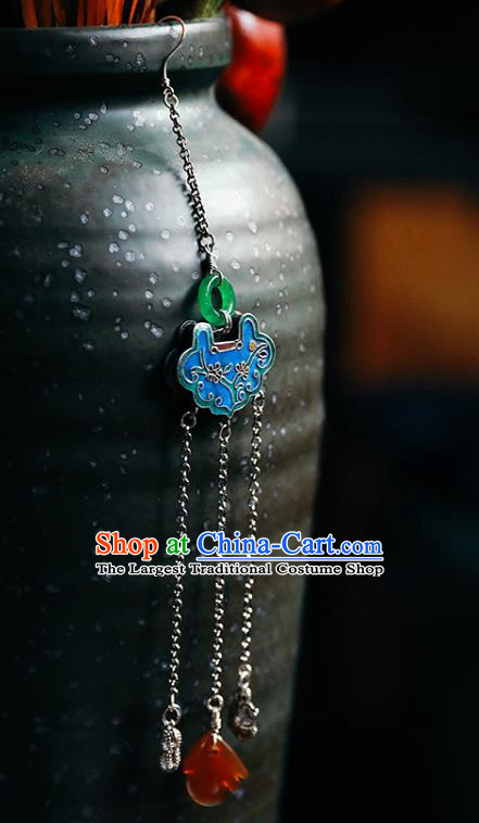 Handmade Chinese Traditional Blueing Silver Eardrop Classical Cheongsam Earrings Accessories Jade Ear Jewelry