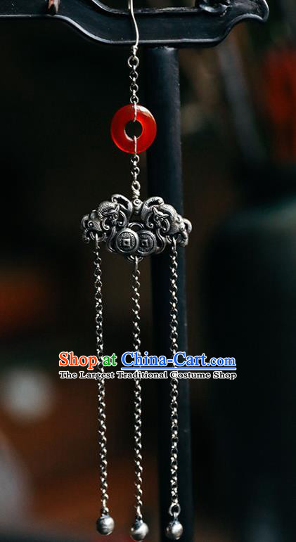 Handmade Chinese Traditional Agate Eardrop Classical Cheongsam Earrings Accessories Silver Tassel Ear Jewelry