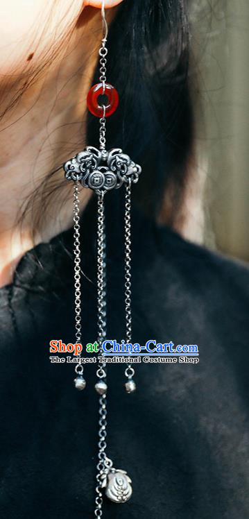 Handmade Chinese Traditional Agate Eardrop Classical Cheongsam Earrings Accessories Silver Tassel Ear Jewelry