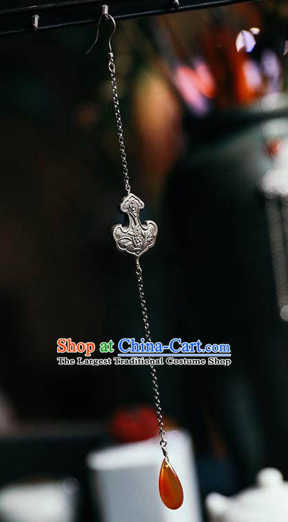 Handmade Chinese Traditional Carving Orchid Silver Eardrop Classical Cheongsam Earrings Accessories Long Tassel Ear Jewelry