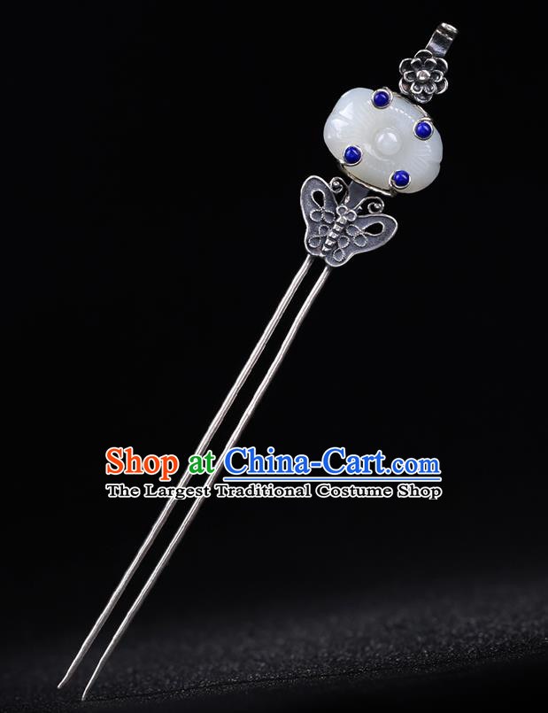 China National Lapis Jade Hairpin Handmade Hair Jewelry Accessories Traditional Cheongsam Silver Carving Butterfly Hair Stick