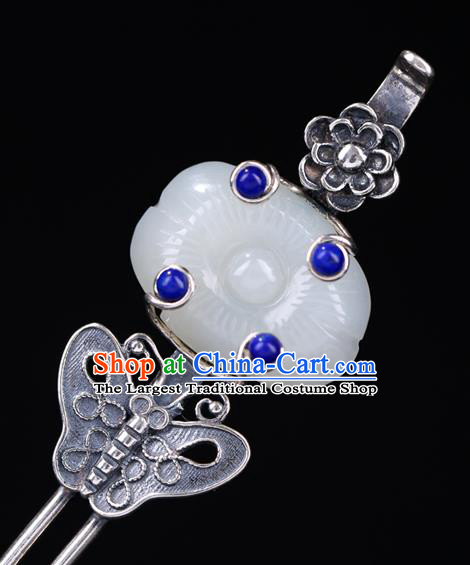 China National Lapis Jade Hairpin Handmade Hair Jewelry Accessories Traditional Cheongsam Silver Carving Butterfly Hair Stick