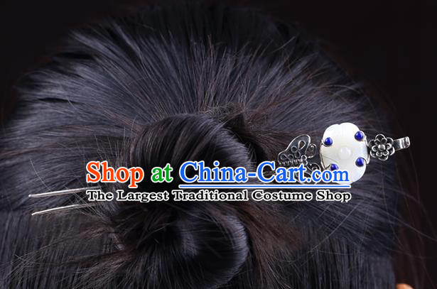 China National Lapis Jade Hairpin Handmade Hair Jewelry Accessories Traditional Cheongsam Silver Carving Butterfly Hair Stick