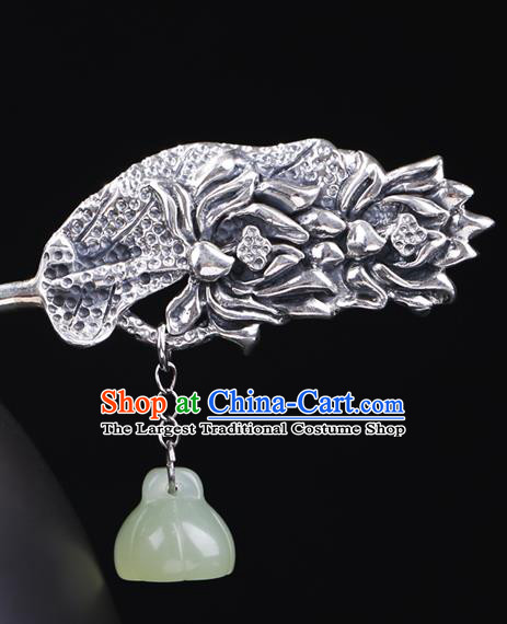 China National Jade Tassel Hairpin Handmade Hair Jewelry Accessories Traditional Cheongsam Silver Carving Lotus Hair Stick