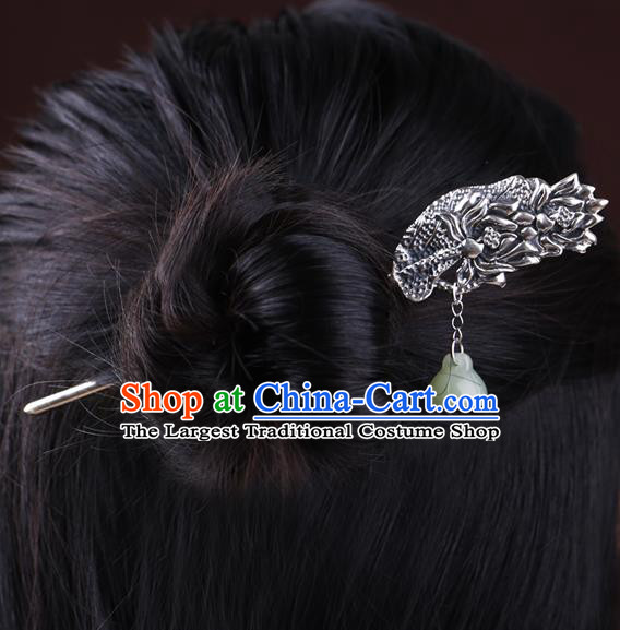 China National Jade Tassel Hairpin Handmade Hair Jewelry Accessories Traditional Cheongsam Silver Carving Lotus Hair Stick