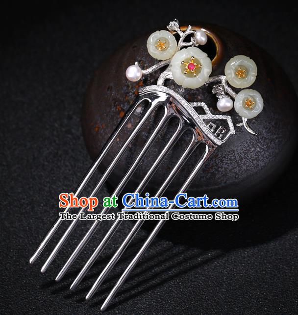 China National Jade Plum Blossom Hairpin Handmade Hair Jewelry Accessories Traditional Cheongsam Pearls Silver Hair Comb