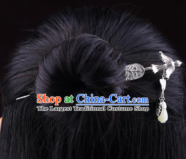 China National Jade Magnolia Tassel Hairpin Handmade Hair Jewelry Accessories Traditional Cheongsam Silver Hair Stick
