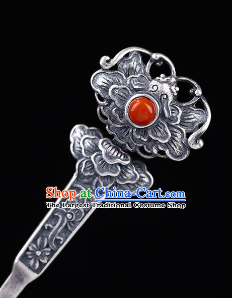 China National Corallite Hairpin Handmade Hair Jewelry Accessories Traditional Cheongsam Silver Carving Peony Hair Stick