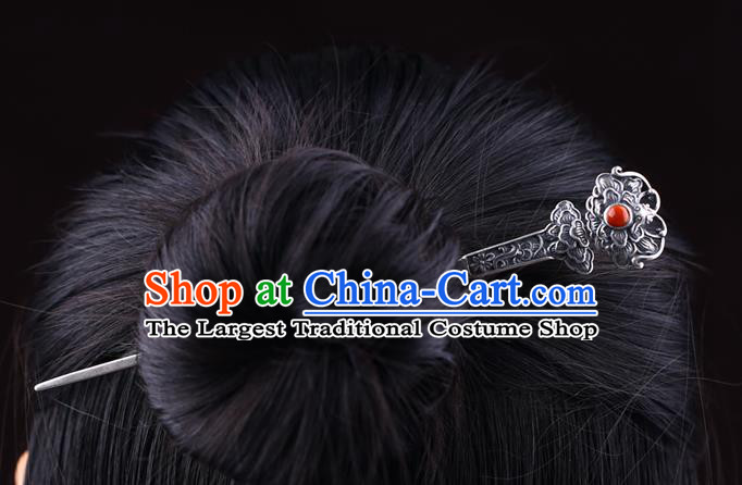 China National Corallite Hairpin Handmade Hair Jewelry Accessories Traditional Cheongsam Silver Carving Peony Hair Stick