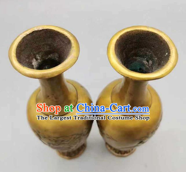 Handmade Chinese Brass Vase Accessories Carving Crane Flower Jardiniere Ornaments
