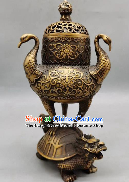 Handmade Chinese Carving Tortoise Crane Censer Ornaments Traditional Brass Incense Burner Accessories