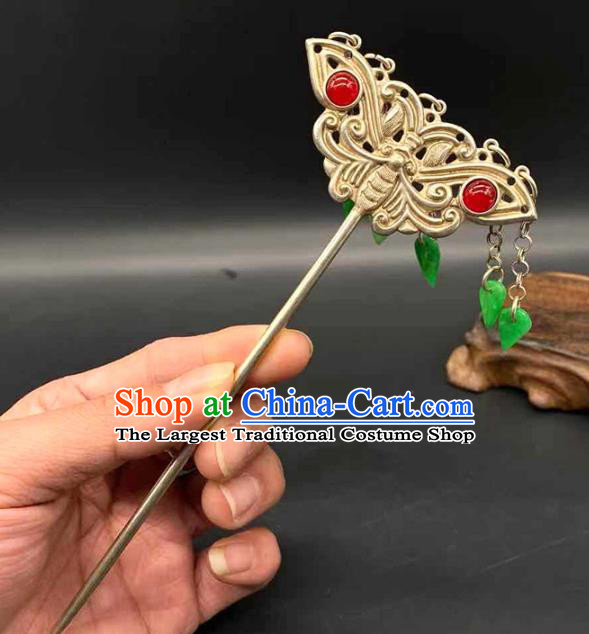 China Handmade Tassel Agate Hair Stick Traditional Hair Accessories Classical Silver Carving Butterfly Hairpin