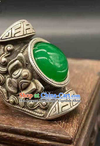 China National Silver Carving Ring Handmade Jewelry Accessories Traditional Chrysoprase Thimble Circlet