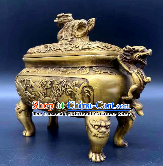 Handmade Chinese Carving Dragon Censer Ornaments Traditional Brass Incense Burner Accessories
