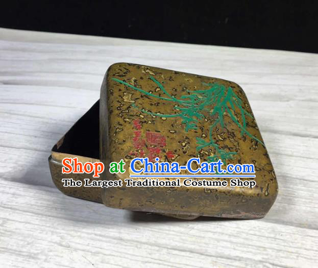 Handmade Chinese Painting Orchid Ink Box Ornaments Traditional Brass Craft Ink Pad