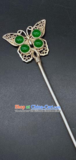 China Handmade Chrysoprase Hair Stick Traditional Hair Accessories Classical Silver Butterfly Hairpin