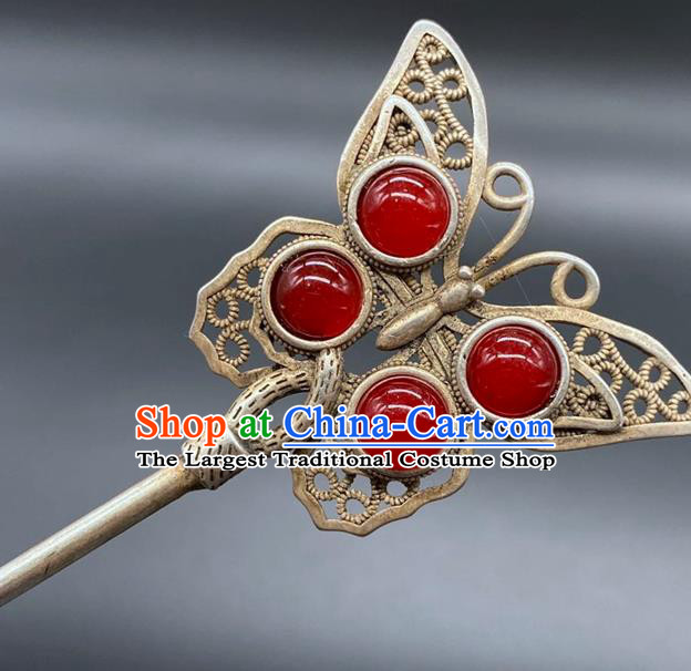 China Traditional Hair Accessories Classical Silver Butterfly Hairpin Handmade Agate Hair Stick