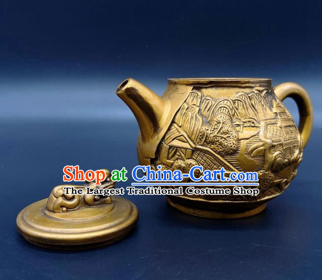 Handmade Chinese Carving Teapot Ornaments Traditional Brass Craft Anaglyph Flagon