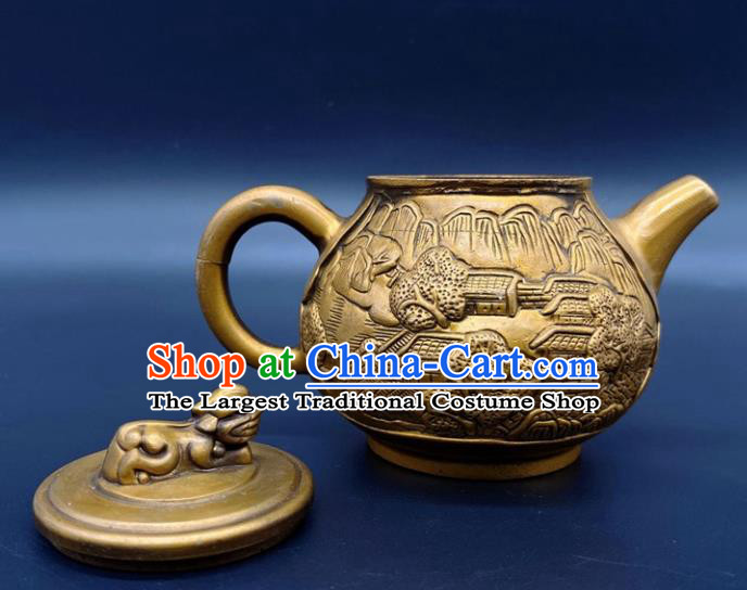 Handmade Chinese Carving Teapot Ornaments Traditional Brass Craft Anaglyph Flagon