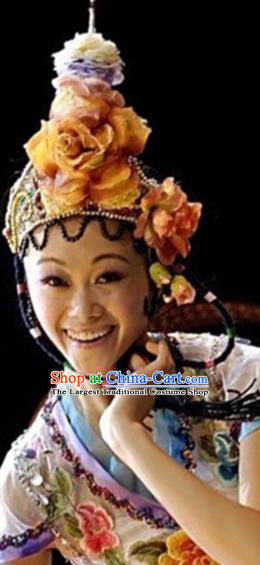 Traditional China Stage Show Hair Accessories Classical Dance Headwear Handmade Fan Dance Wig Chignon