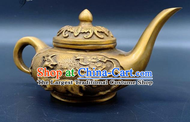 Handmade Chinese Carving Pine Deer Teapot Ornaments Traditional Brass Craft Kettle