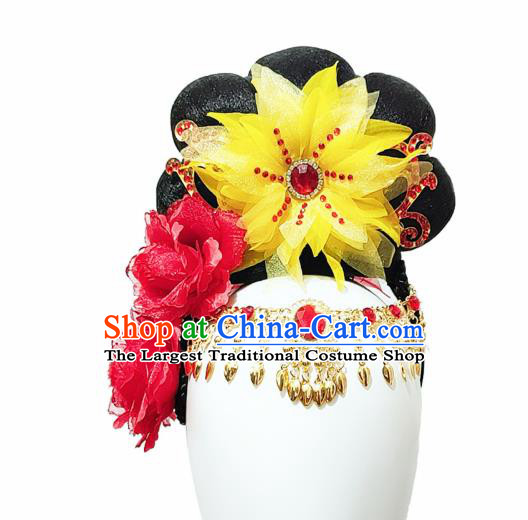 Traditional China Handmade Classical Dance Wig Chignon Stage Show Hair Accessories Flying Apsaras Dance Headdress