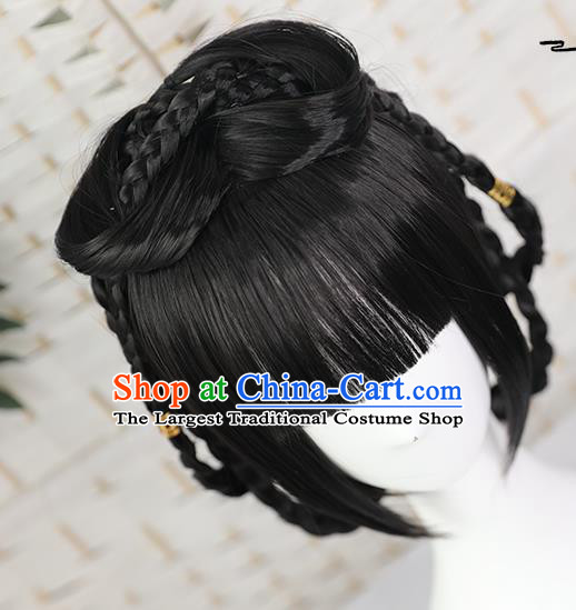 China Traditional Song Dynasty Young Lady Straight Bangs Wiggery Headdress Handmade Ancient Village Girl Wig Sheath