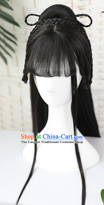 China Traditional Jin Dynasty Princess Straight Bangs Wiggery Headdress Handmade Ancient Palace Lady Wig Sheath