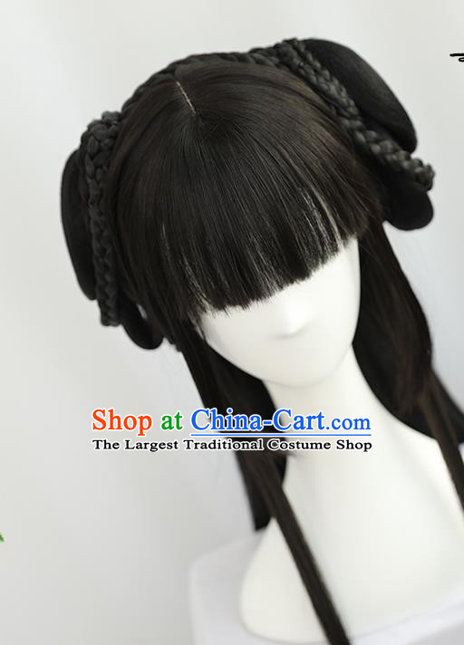 China Traditional Song Dynasty Wiggery Headdress Handmade Ancient Young Lady Straight Bangs Wig Sheath