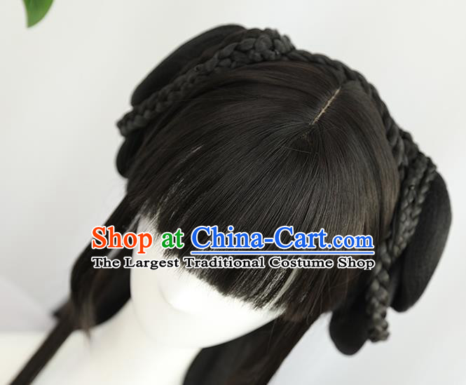 China Traditional Song Dynasty Wiggery Headdress Handmade Ancient Young Lady Straight Bangs Wig Sheath