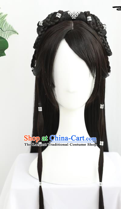 China Traditional Ming Dynasty Swordswoman Wiggery Headdress Handmade Ancient Young Girl Wig Sheath