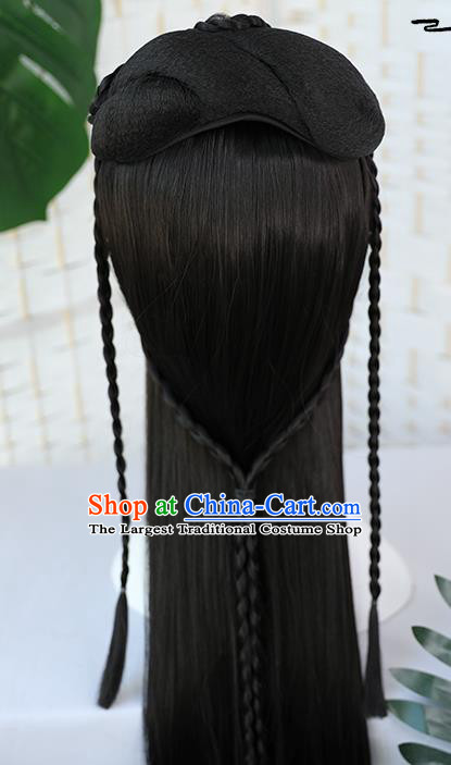 China Traditional Song Dynasty Young Beauty Wiggery Headdress Handmade Ancient Female Swordsman Straight Bang Wig Sheath